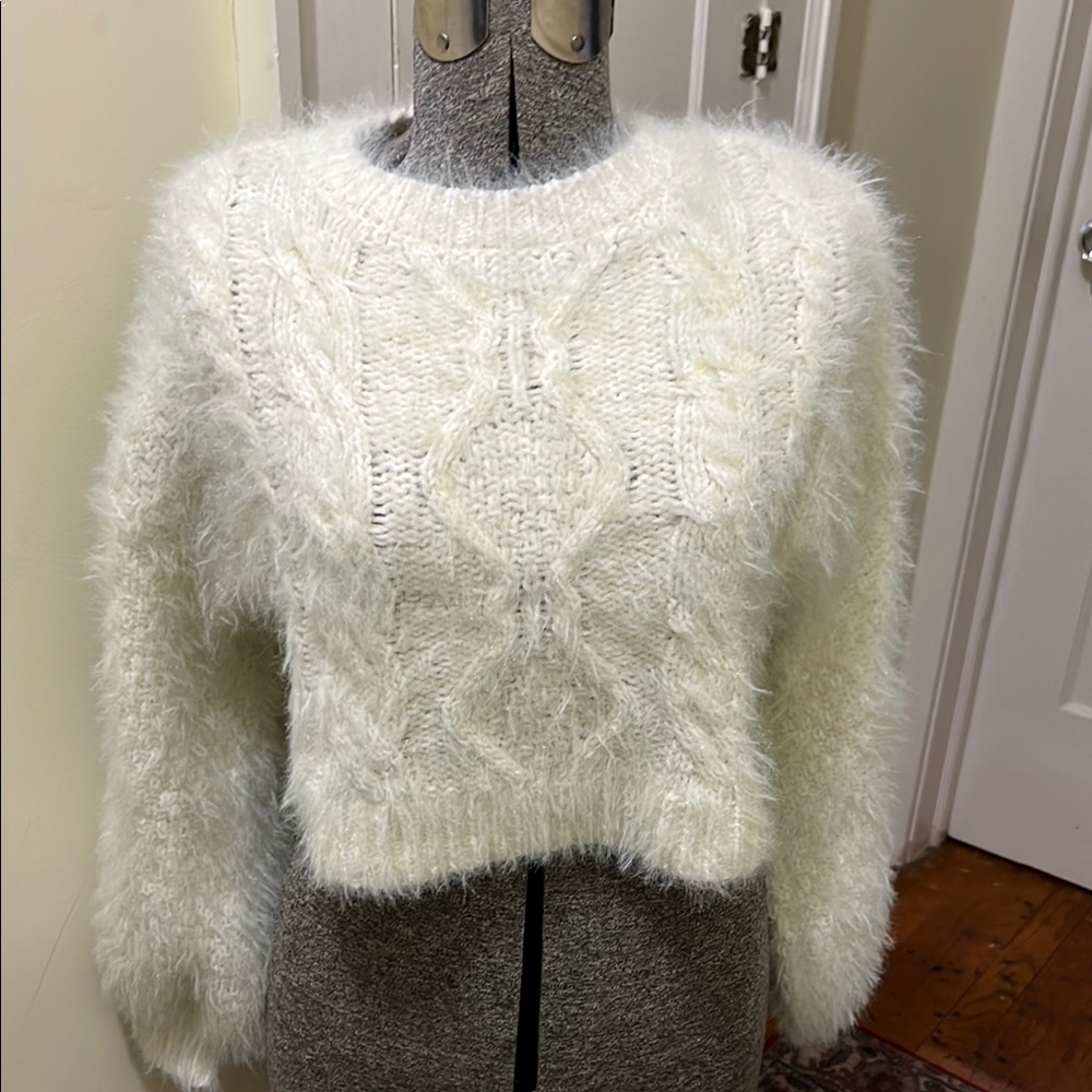 Urban Outfitters White Crew Neck Sweater with Fuzzy Texture